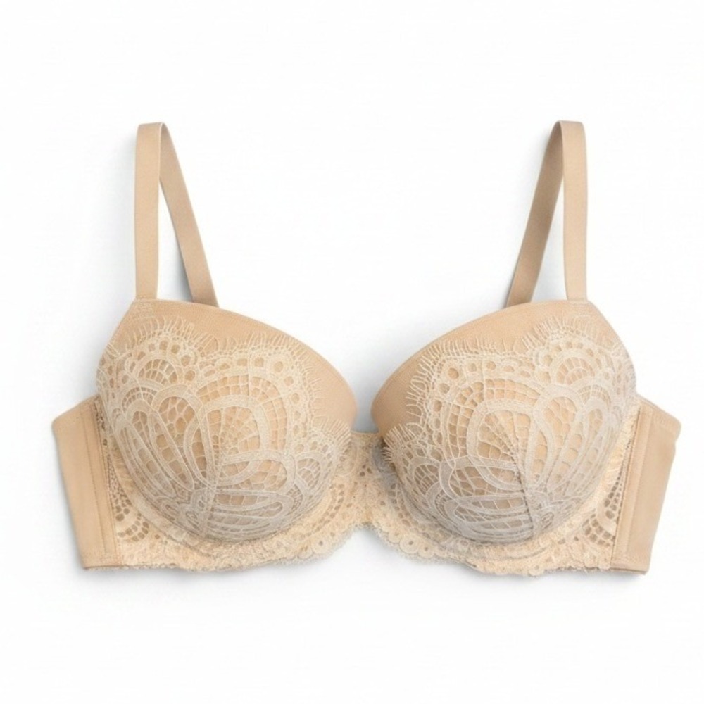 Victoria's Secret Bra Womens 32D Beige Dream Angels Lined Demi Lace Eyelash Trim